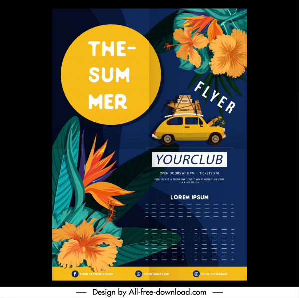 Summer Trip Flyer mẫu hoa trang trí xe ký họa