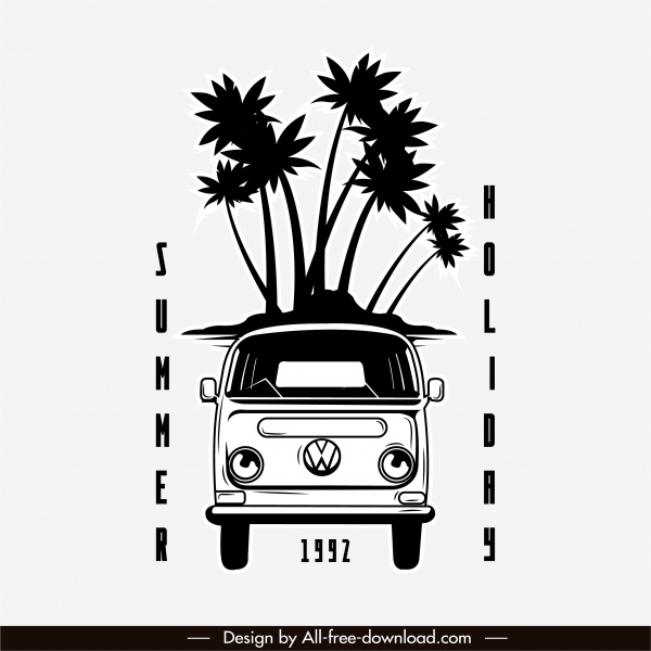 yaz gezisi posteri siyah beyaz retro otobüs krokisi