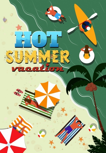 暑假海邊彩色卡通圖示廣告