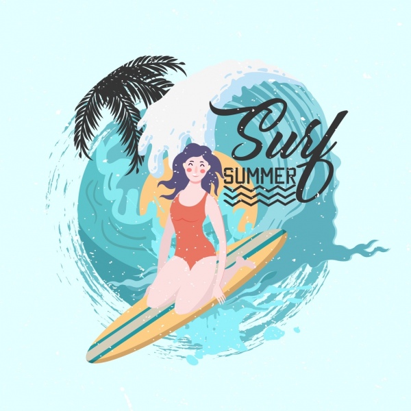 여름 휴가 광고 비키니 여자 서핑 장식