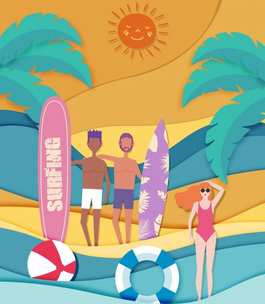 yaz tatili arka plan insanlar sörf tahtası beach simgeler