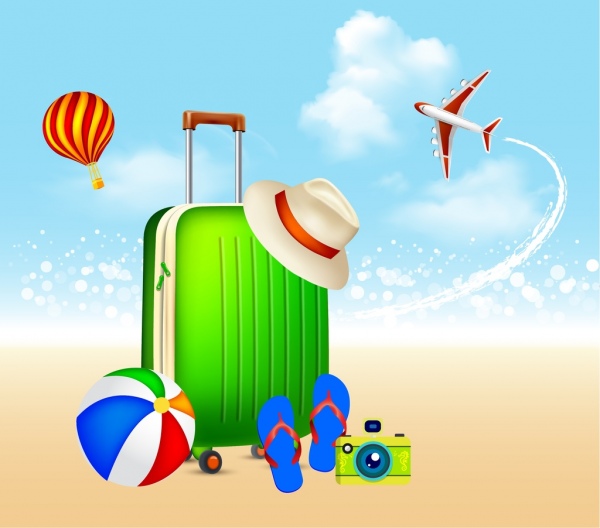 le vacanze estive in aereo palloncini bagagli icone