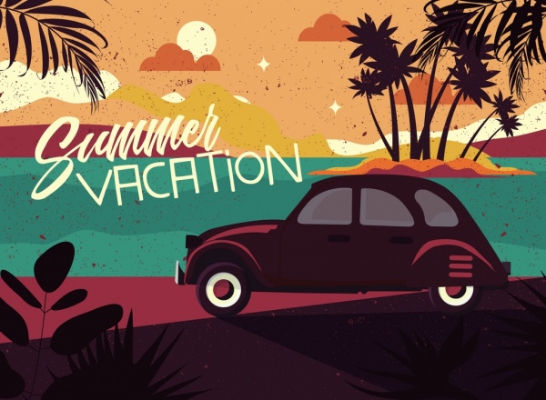 verano vacaciones mar coche iconos retro diseño del fondo