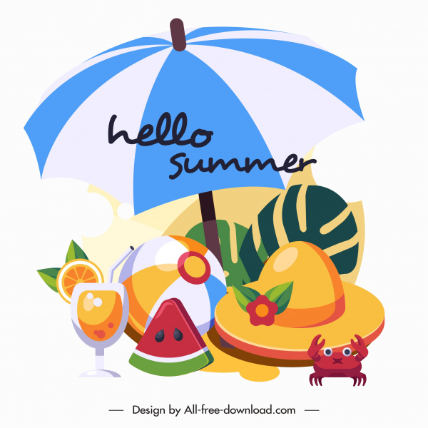 musim panas liburan banner elemen pantai sketsa desain warna-warni