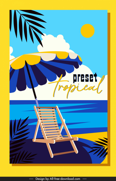 vacaciones de verano banner escena de playa boceto colorido clásico