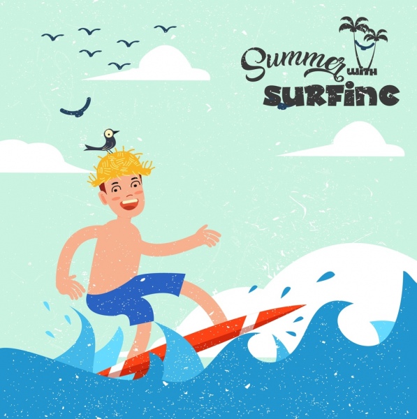 wakacje banner chłopiec surfing ikon kolorowy rysunek