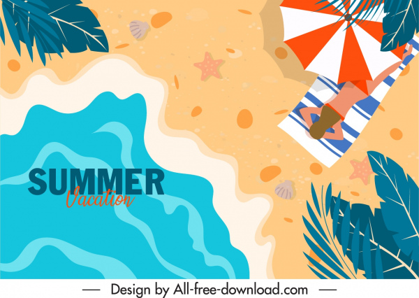 yaz tatili afiş düz tasarım sahil sahne kroki