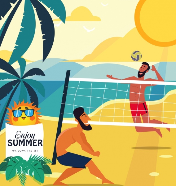Vacaciones de verano banner hombres jugando voleibol de dibujos animados de colores
