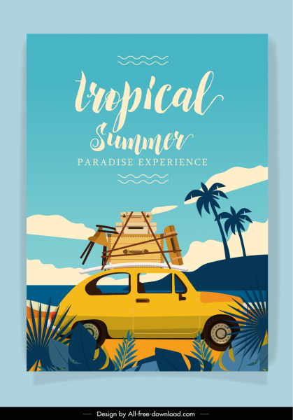 musim panas liburan banner retro mobil sketsa bagasi