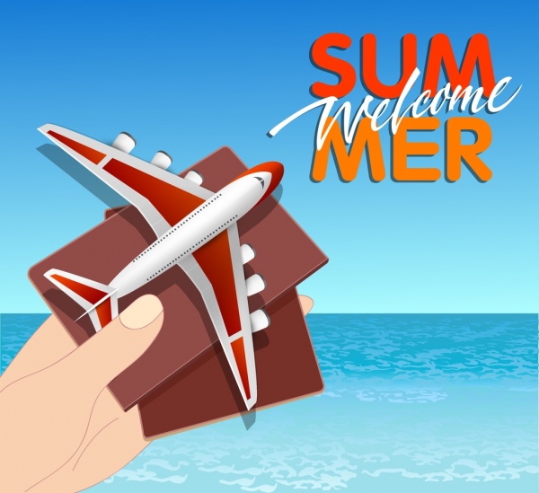 夏休みバナー海飛行機パスポートアイコン装飾