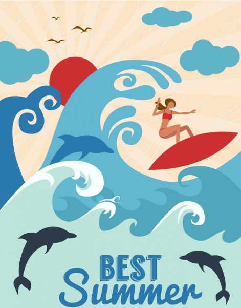 musim panas liburan banner surfer gelombang dolphin dekorasi