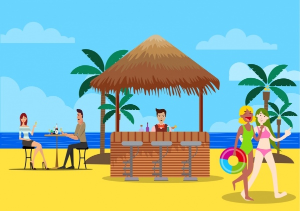 Vacanze estive, personaggi dei cartoni animati di spiaggia icona di disegno