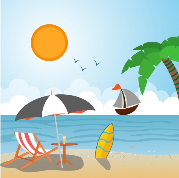 夏季假期繪圖海灘風景素描多彩設計