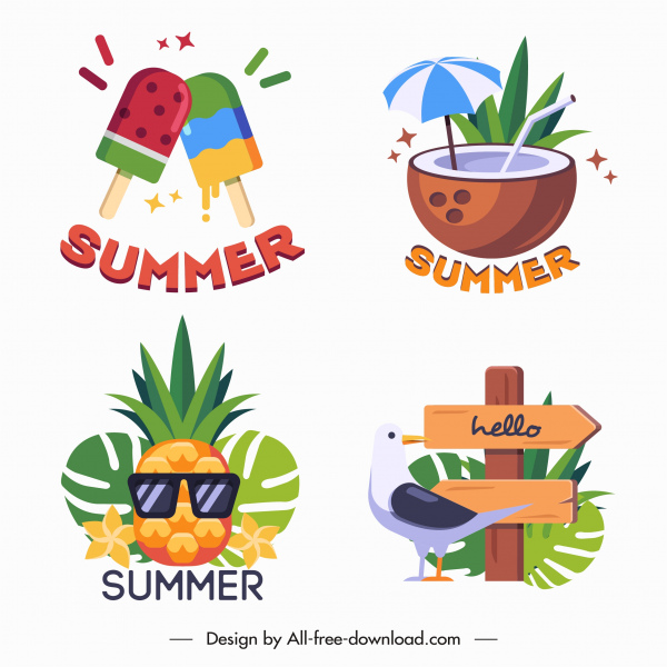 iconos de vacaciones de verano coloridos símbolos bosquejo