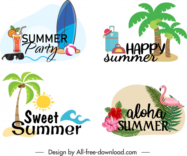 logotipos de vacaciones de verano coloridos símbolos clásicos boceto