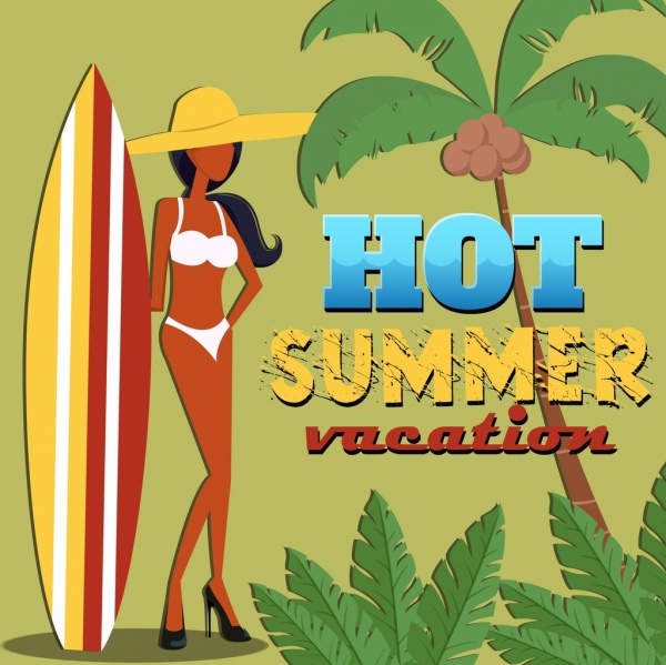 暑假海报比基尼女人椰子冲浪板图标