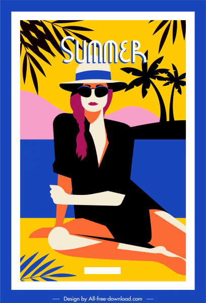 liburan musim panas poster wanita sketsa kartun berwarna-warni