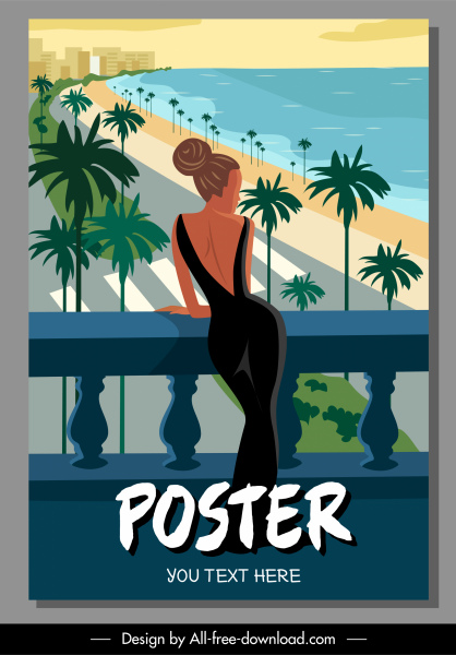 cartel de vacaciones de verano escena de mar atractivo boceto de dama