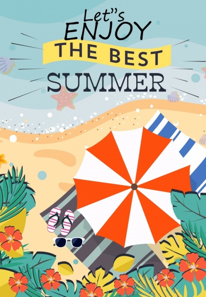 летние каникулы плакат Приморский зонтик иконы цветной мультфильм
