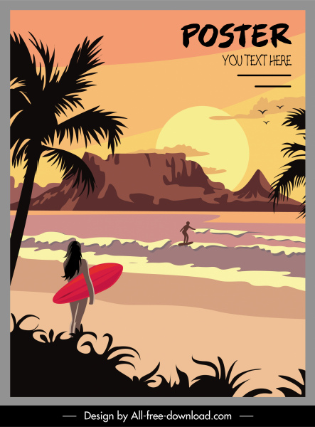 летние каникулы плакат закат морская сцена эскиз