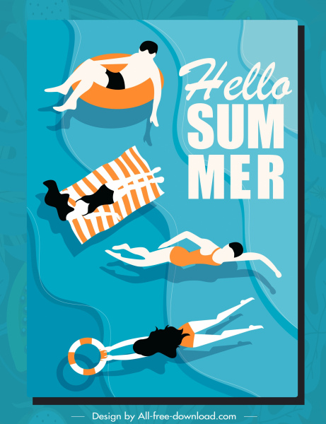 vacanze estive poster nuotatori schizzo piatto design classico