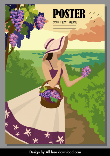 póster de vacaciones de verano joven mujer uvas patio boceto