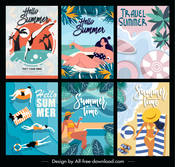liburan musim panas poster kegiatan pantai warna-warni desain klasik