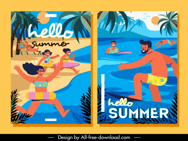 carteles de vacaciones de verano actividades de playa bosquejo plano colorido