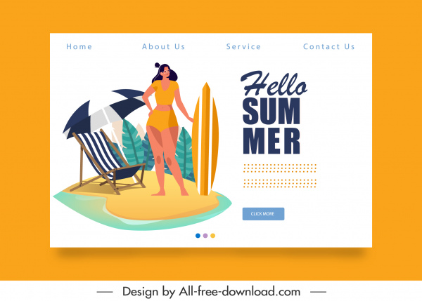 летние каникулы веб-шаблон пляжные элементы эскиз