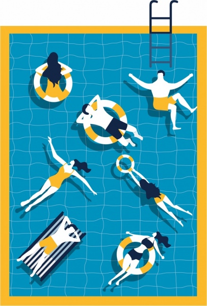 telón de fondo de verano relajado iconos de personas piscina