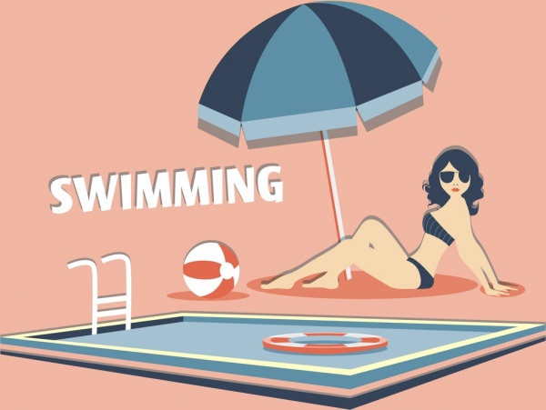여름 배경 비키니 여자 수영장 만화 디자인
