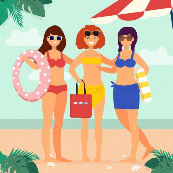 Summertime fond bikini femmes icônes colorées dessin animé