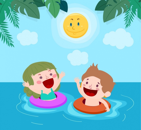 夏日背景快樂孩子海灘樣式化太陽圖示