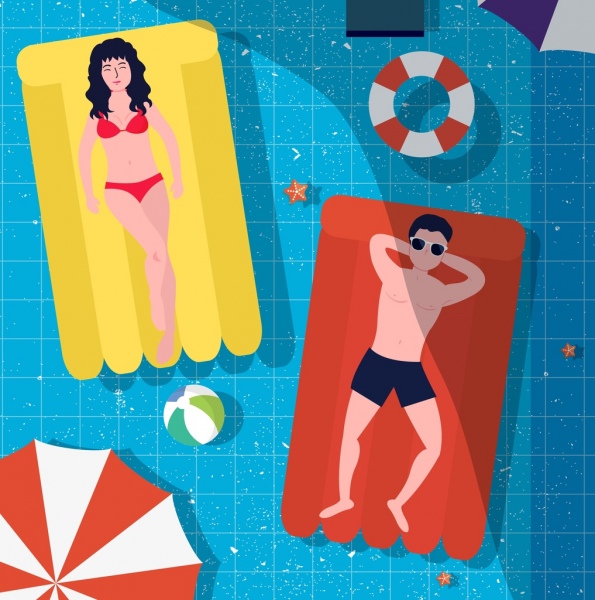 Fondo de verano relajado personas piscina de dibujos animados de colores