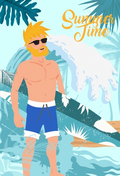 Summertime bannière homme surfboard icône couleur dessin animé