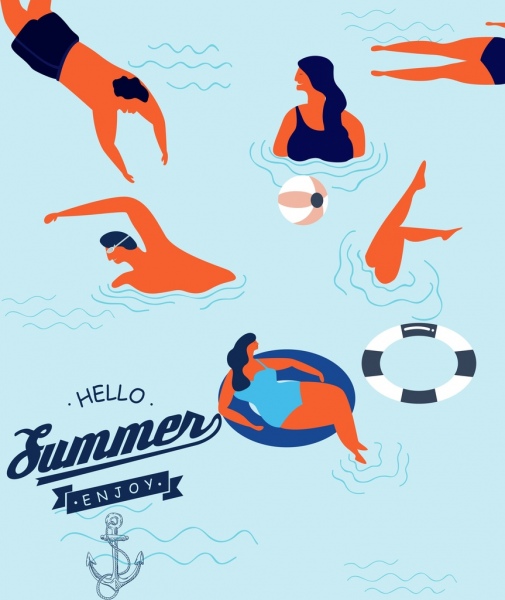 Summertime transparent pływanie człowieka ikony kolorowy kreskówka