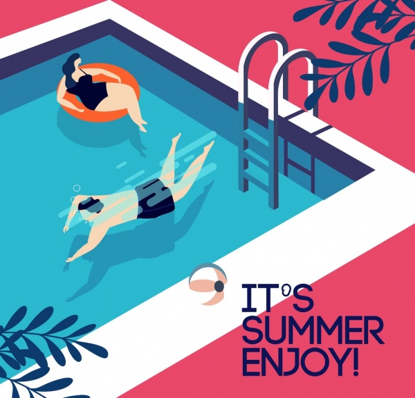 Verão bandeira piscina humana ícones coloridos dos desenhos animados