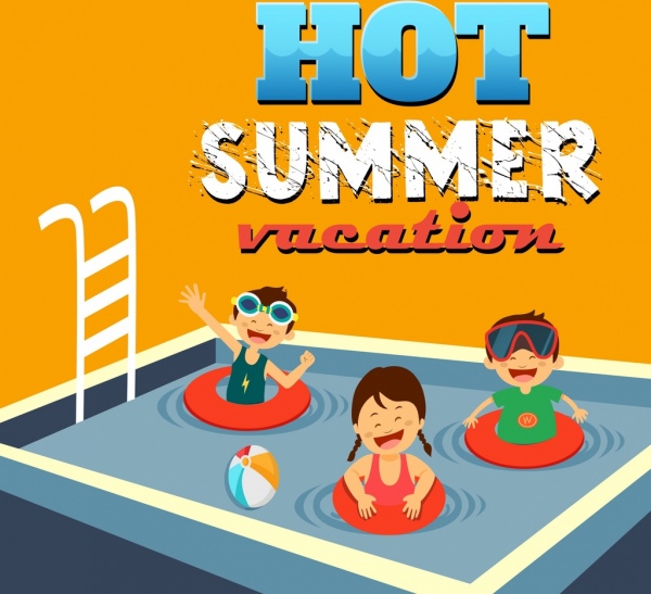 Summertime bannière piscine joyeuse enfants icônes