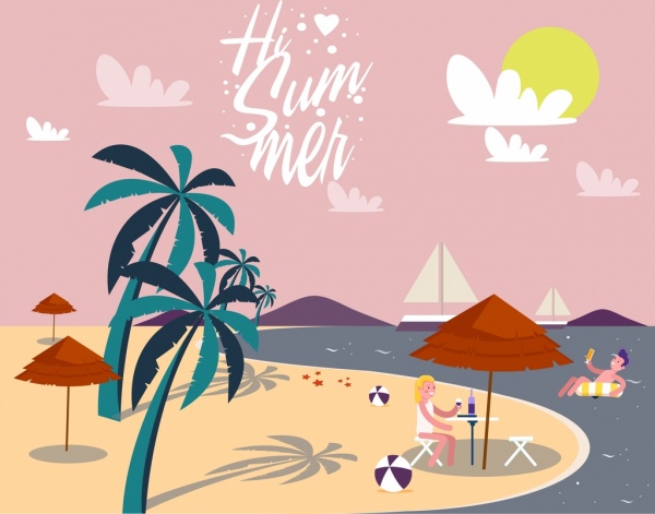 musim panas pantai tropis banner ikon kartun berwarna
