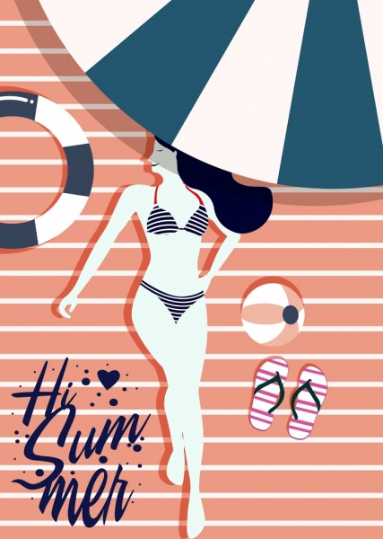 Mùa hè, người phụ nữ dù mặc bikini phẳng hóa trang trí biểu tượng quảng cáo