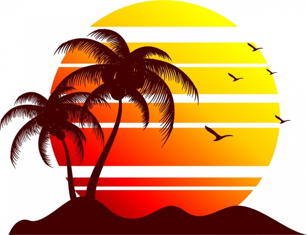 太陽和海邊背景剪影裝飾