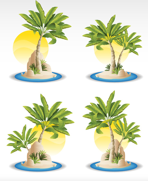 matahari dan tropis tanaman ikon vektor