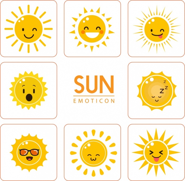 elementos de diseño de emoticono sol amarillo plana aislamiento