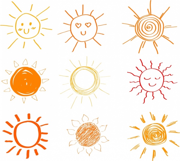 kolekcja ikony słońce, kolorowe handdrawn stylu