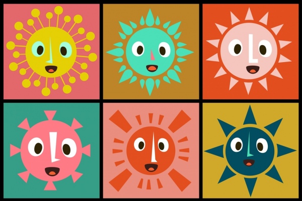 太陽アイコンのコレクションは、漫画のスタイルを様式化されました。