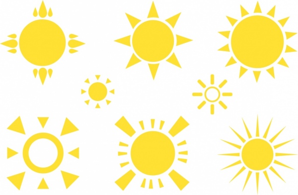 Colección de iconos de estilo geométrico de sol circulos amarillos