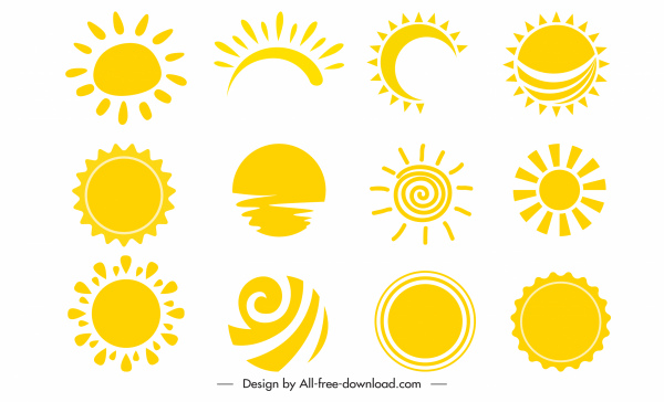 คอลเลกชันไอคอนดวงอาทิตย์ร่างรูปร่างแบบใช้มือแบนสีเหลือง