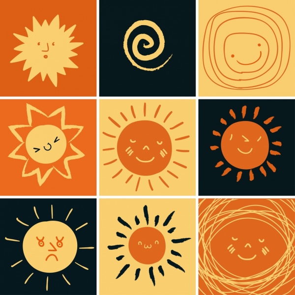 Iconos del sol aislamiento caricatura dibujado a mano diseño plano