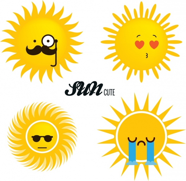 태양 아이콘 세트 귀여운 만화 스타일 다양 한 감정