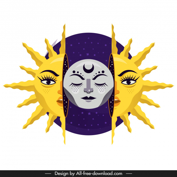 Sun Moon Icon Stylized Design Emotional Faces Decor